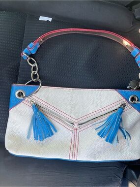 Maxx New York White and Blue Tassel Shoulder Bag with Pink Trim